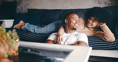 Buy stock photo House, relax and couple with smile, conversation and bonding together with trust. Apartment, man and woman on sofa, marriage or love with relationship, happiness or talking with romance and funny