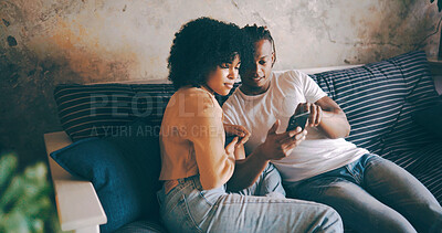 Buy stock photo Talking, couple or relax with phone on sofa for online shopping, internet browsing or weekend break. Above, planning or african people with smartphone in home to check credit score or banking account