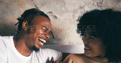 Buy stock photo Home, funny and couple on couch, love and bonding together with smile, talking or trust. Laughing, happy man or woman with conversation, relax or relationship with comfort, humor or romance in lounge