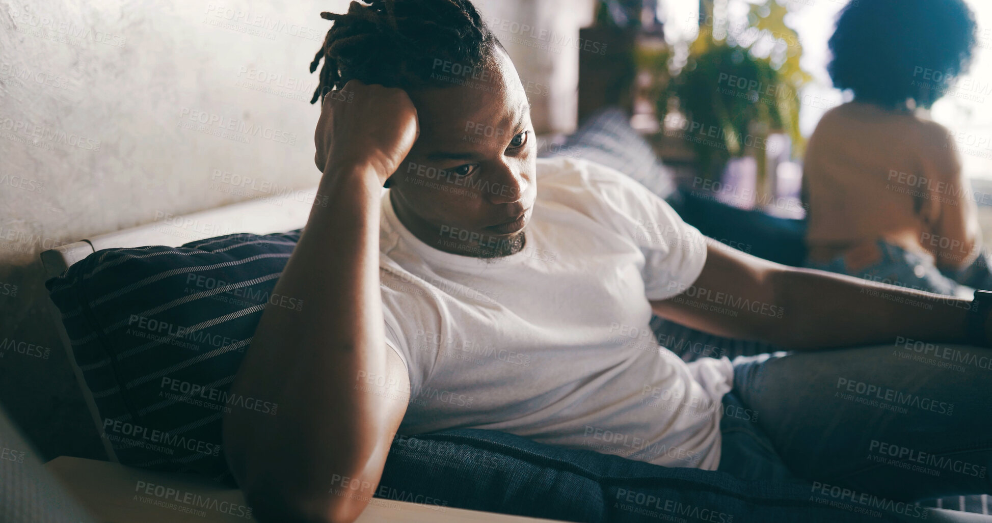 Buy stock photo Frustrated man, fight or ignore with couple on sofa for argument, dispute or toxic relationship. Male person, upset or angry with conflict or separation for divorce, disagreement or breakup in house