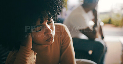 Buy stock photo Frustrated woman, fight or sofa with couple for argument, dispute or toxic relationship in home. Female person, upset or angry with ignore or separation for divorce, disagreement or breakup in house