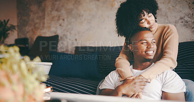 Buy stock photo Thinking, couple and hug in lounge, calm and bonding on break with smile, love and romance in house. Happy, man and embrace with woman in living room, affection and reflection for future or marriage