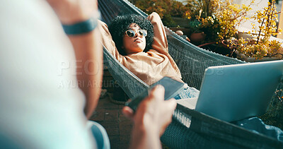 Buy stock photo Woman, hammock and relax with laptop, outdoor and partner with smartphone, bonding and holiday in summer. People, couple and vacation with tech, streaming or texting with social media in backyard