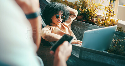 Buy stock photo Couple, outdoor and woman on hammock with laptop, scroll or remote work on website, relax and online. Chill, freelancer and partner with smartphone for chat on social media, home and browsing on app