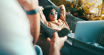 Buy stock photo Relax, laptop and woman on hammock outdoor for calm, peaceful and break at holiday house. Computer, sunglasses and person on swing bed for freelance project with digital nomad career on vacation.