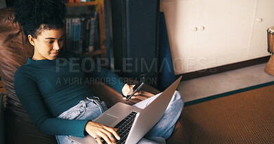 Buy stock photo Woman, laptop and phone in home with search for remote work application, hiring opportunity or website. Person, computer and browsing in house for freelance job vacancy, email and career development.