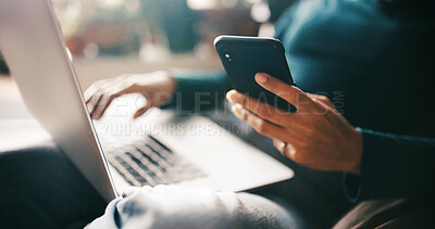 Buy stock photo Woman, hands and laptop in house with phone for remote work application, hiring opportunity and search. Person, computer and mobile app in home for freelance job vacancy, email or career development.