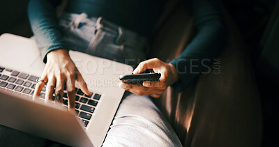 Buy stock photo Woman, hands and laptop in home with phone for remote work application, hiring opportunity or search. Above, person and mobile app in house with computer, freelance job vacancy or career development.