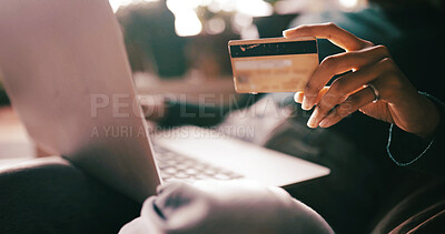 Buy stock photo Hands, credit card and laptop on sofa for online shopping, easy payment or transaction in home. Person, computer and digital banking with fintech, bills or financial freedom for ecommerce at house