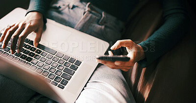 Buy stock photo Hands, phone and laptop on sofa for remote work from home, above or typing for project management. Person, virtual assistant and computer with smartphone, mobile app and schedule for booking at house