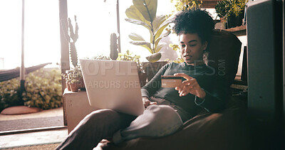 Buy stock photo Woman, credit card and laptop on sofa for e commerce, easy payment or transaction in home. Person, computer and digital banking with fintech, bills or financial freedom for online shopping at house