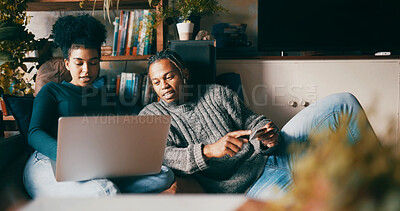 Buy stock photo Black couple, credit card and laptop on couch for online shopping, typing and easy payment in living room. People, digital banking and pc on sofa, budget or financial freedom for ecommerce at house