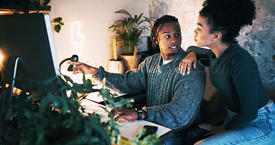 Buy stock photo Night, couple or pointing in house with computer for utility bills review, financial planning or talk. Evening, African woman and man in relationship with pc for household cost, budget or discussion.
