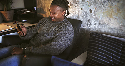 Buy stock photo Happy, man and texting with smartphone, home and communication on social media, scroll and chatting. Online, message and black person with mobile for networking, browsing and reading post on website