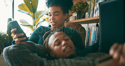 Buy stock photo Relax, couple and reading with phone in home for bonding, peace and browsing internet on weekend. Support, chilling or people with mobile app to check social media, scroll online forum and connection