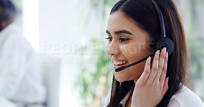 Buy stock photo Headset, contact us and happy woman at call center for help, financial advice and loan feedback. Hotline, consultant and person with mic for assistance with banking inquiry, support and coworking