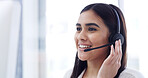 Mic, contact us and woman at call center for help, financial advice and loan feedback with smile. Hotline, consultant and happy person with headset for assistance with banking query, crm and support