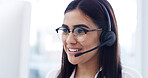 Computer, contact us and happy woman at call center for advice, financial help or loan feedback. Hotline, consultant and person with headset for banking query, crm or customer support with technology