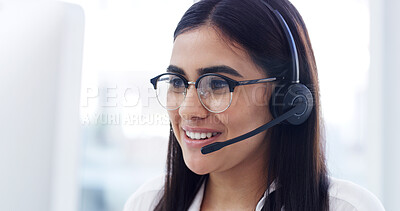 Buy stock photo Computer, contact us and happy woman at call center for advice, financial help or loan feedback. Hotline, consultant and person with headset for banking query, crm or customer support with technology