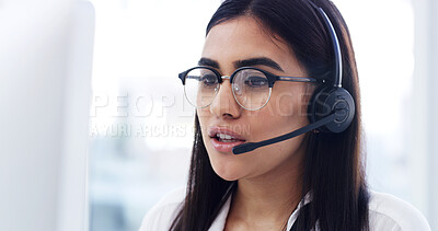 Buy stock photo Computer, telemarketing and woman at call center for feedback, coverage or lead generation. Tech, consultant and person with headset for outbound communication, telesales or insurance policy sales