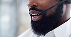 Mouth, telemarketing and black man at call center for feedback, coverage or lead generation. Tech, consultant and lips of person with headset for outbound communication, telesales or insurance sales