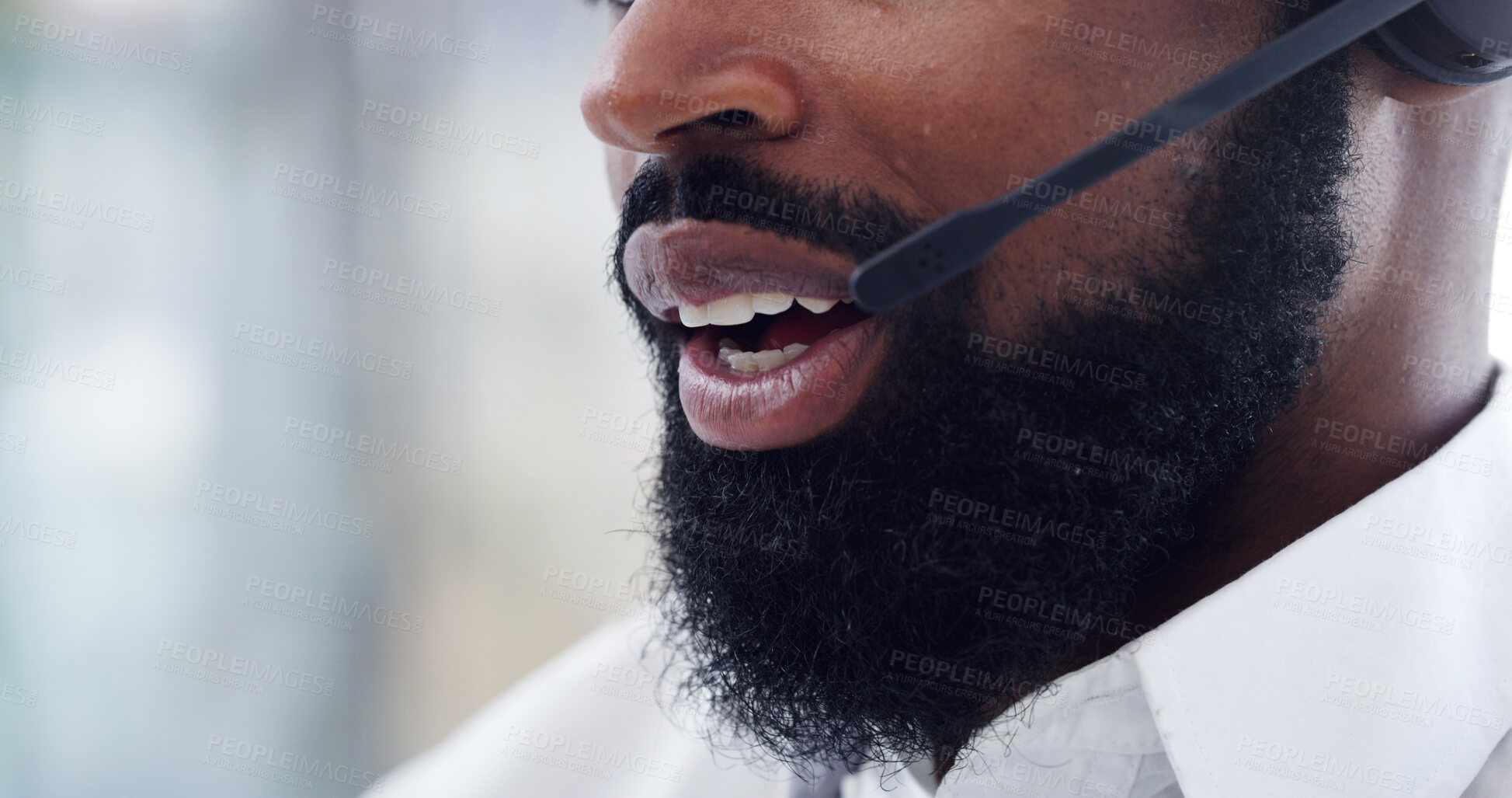 Buy stock photo Mouth, telemarketing and black man at call center for feedback, coverage or lead generation. Tech, consultant and lips of person with headset for outbound communication, telesales or insurance sales