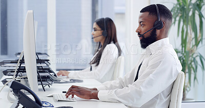 Buy stock photo Man, typing and telecom in call center with computer, client support and troubleshooting response. Person, coworking and email in office with pc for customer service, consultant advice and feedback.