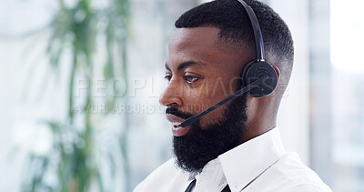 Buy stock photo Headset, telemarketing and black man in call center for feedback, coverage or lead generation. Talk, consultant and person with mic for outbound communication, telesales or insurance policy sales