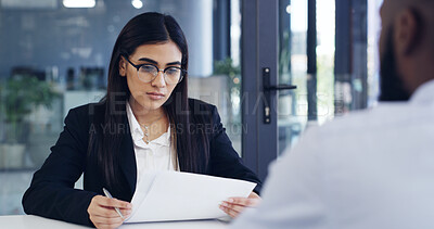 Buy stock photo Interview, reading and woman in office with paper, CV review or process for onboarding. Meeting, applicant or hr in workplace with document, resume evaluation or recruitment for career opportunity