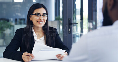 Buy stock photo Interview, smile and woman in office with paper, CV review or process for onboarding. Meeting, applicant or hr in workplace with document, resume evaluation or recruitment for career opportunity.