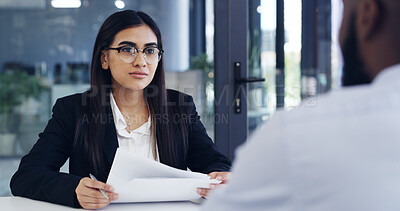 Buy stock photo Interview, discussion and woman in office with paper, CV review or process for onboarding. Meeting, applicant or hr in workplace with document, resume evaluation or recruitment for career opportunity