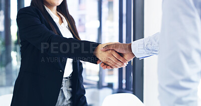Buy stock photo Interview, deal or people in office with handshake,  introduction or success in onboarding process. Meeting, hiring or recruiter in agency with shaking hand, candidate or offer for career opportunity