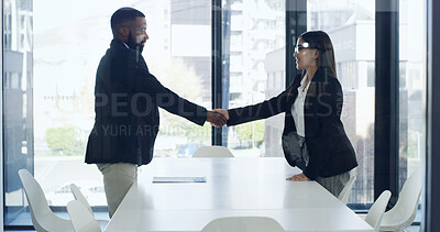 Buy stock photo Interview, deal or people in agency with handshake,  introduction or success in onboarding process. Meeting, hiring or recruiter in office with shaking hand, greeting or offer for career opportunity.