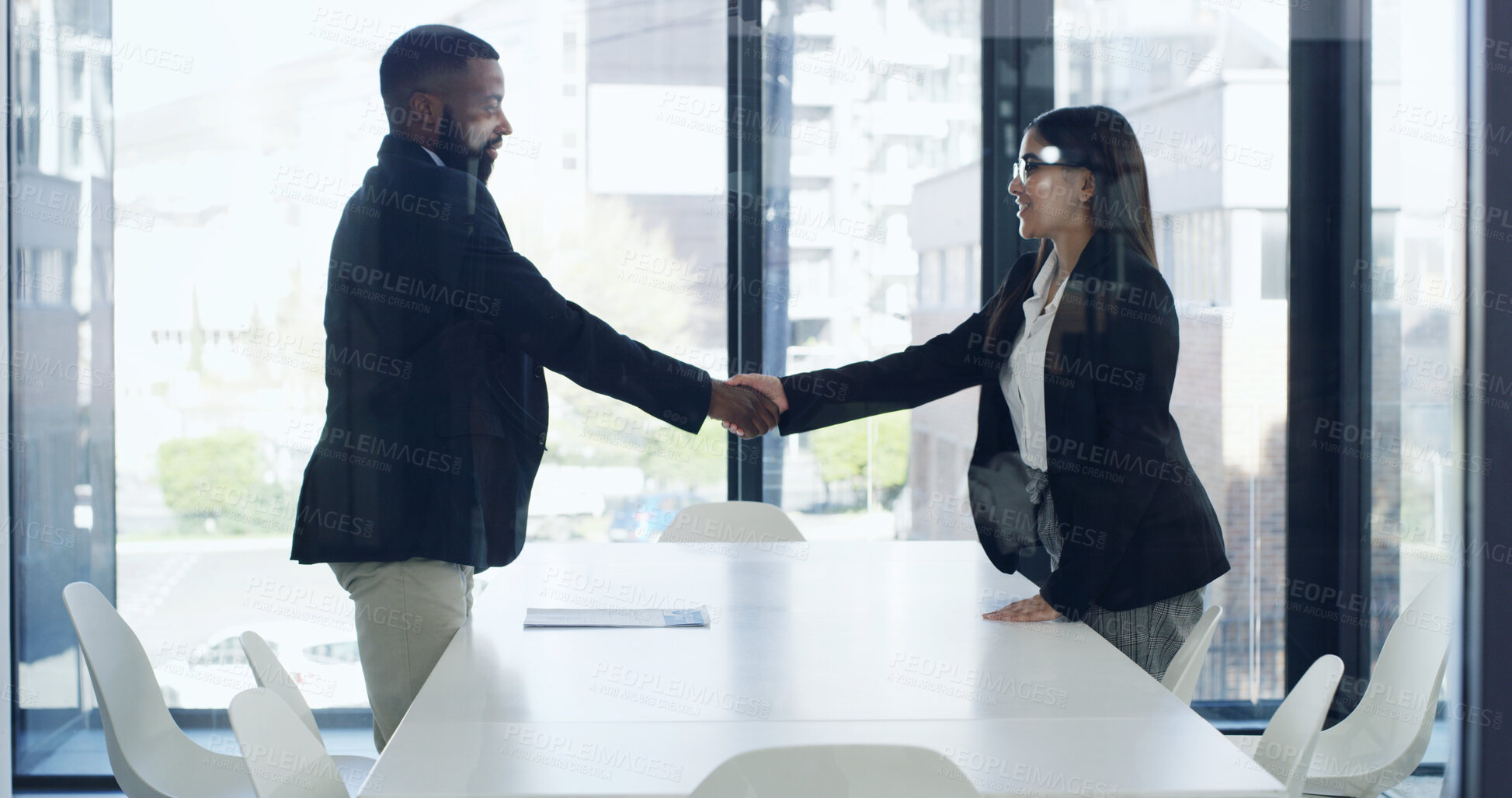 Buy stock photo Interview, deal or people in agency with handshake,  introduction or success in onboarding process. Meeting, hiring or recruiter in office with shaking hand, greeting or offer for career opportunity.