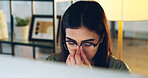Woman, headache and glasses in office with computer for burnout, journalism issue or deadline pressure. Tired, female person and migraine with desktop, creative block and fatigue for writing article.