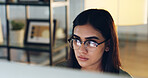 Computer, research and woman with glasses, office and email marketing on web, online and copywriting. Eyewear, reflection and person with info for article, copywriter and creative with tech or app