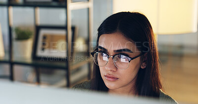 Buy stock photo Computer, research and woman with glasses, office and email marketing on web, online and copywriting. Eyewear, reflection and person with info for article, copywriter and creative with tech or app