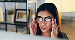 Computer, research and woman with glasses, office and email marketing on web, online and copywriting. Eyewear, reflection and person with info for article, copywriter and creative with tech or app