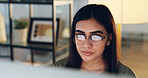 Office, computer and woman with glasses, creative and email marketing on web, online and copywriting. Eyewear, reflection and person with info for article, research and copywriter with tech or app