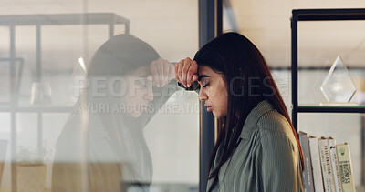 Buy stock photo Stress, tired and businesswoman in office at night with mistake, burnout or fatigue for creative deadline. Frustration, exhaustion and magazine editor with headache for publishing crisis in workplace