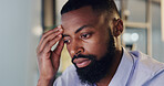 Stress, tired or black man in office with headache, brain fog or mistake on company report. Burnout, pressure or employee in agency with migraine, overworked or project error in task management