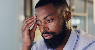 Buy stock photo Stress, tired or black man in office with headache, brain fog or mistake on company report. Burnout, pressure or employee in agency with migraine, overworked or project error in task management