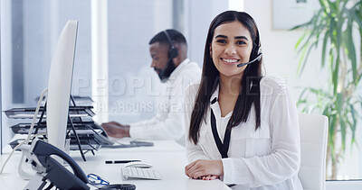 Buy stock photo Business woman, portrait and call center with headset, mic or help desk for customer service in office. Coworking, people and happy consultant with smile for CRM, communication or virtual assistance
