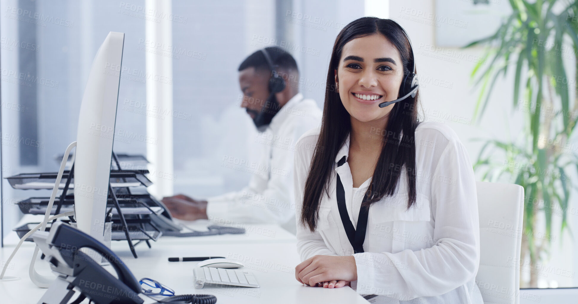 Buy stock photo Business woman, portrait and call center with headset, mic or help desk for customer service in office. Coworking, people and happy consultant with smile for CRM, communication or virtual assistance