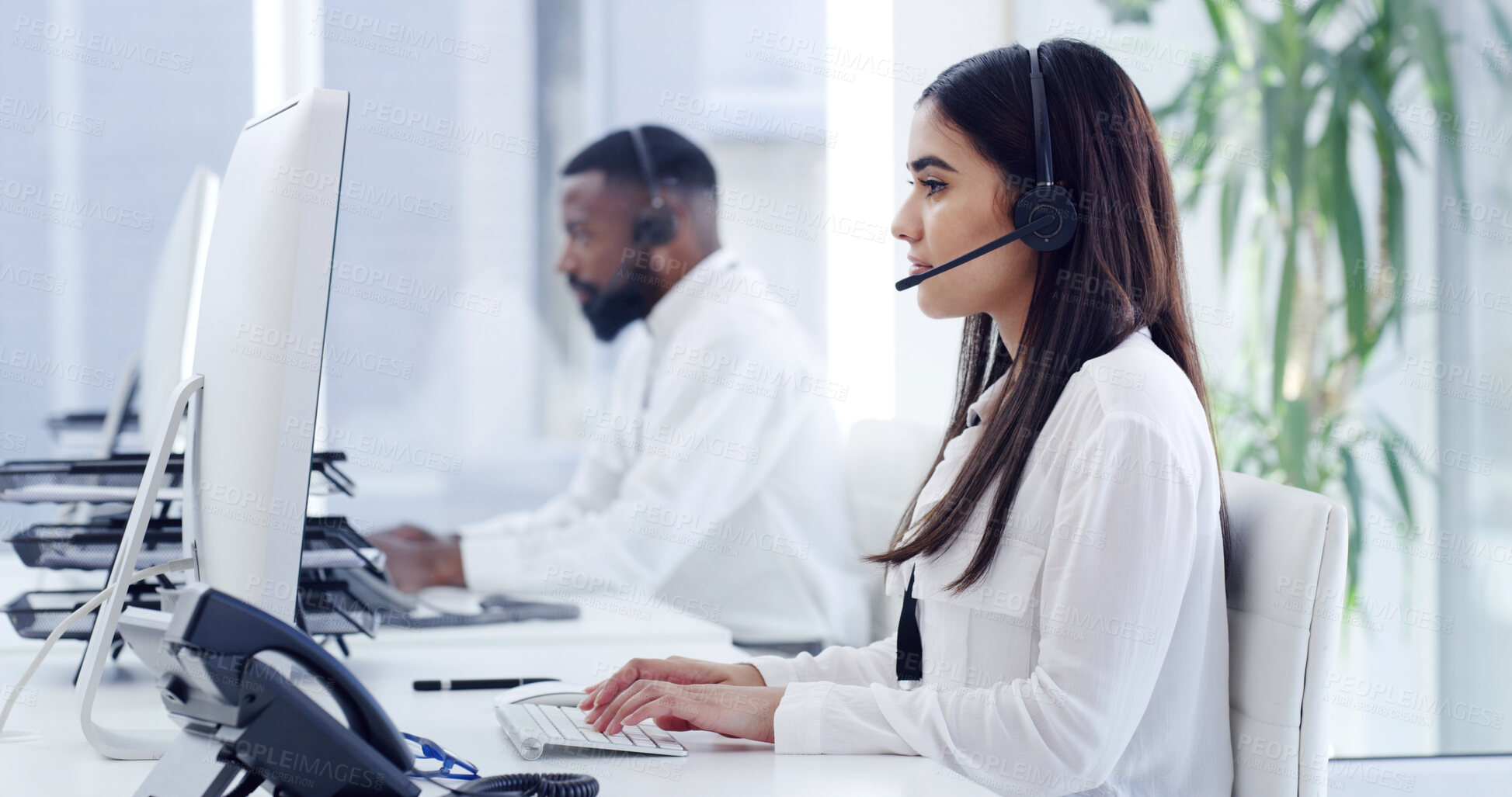 Buy stock photo Computer, typing and woman in call center for telemarketing feedback, coverage or lead generation. Desktop, agent and person with headset for outbound communication, insurance telesales and coworking