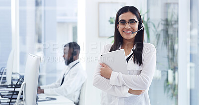 Buy stock photo Portrait, woman and telecom in call center with tablet for client support, financial advice or help. Happy, person and coworking in office with tech for customer service, finance assistance or pride.