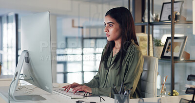 Buy stock photo Online, research and woman with computer, office and email marketing on web, serious and copywriting. Typing, project and person with info for article, copywriter and creative with technology or app