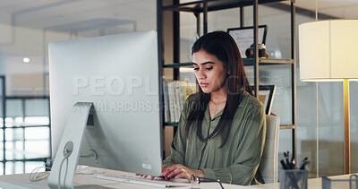 Buy stock photo Serious, research and woman with computer, office and email marketing on web, online and copywriting. Typing, project and person with info for article, copywriter and creative with technology or app