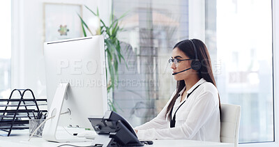 Buy stock photo Call center, computer and woman in office with headset, contact us and assistance in crm service. Telecom, help and consultant in agency with tech, online advice and feedback in client support.