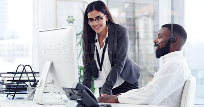 Buy stock photo Headset, computer or people with customer service in office, coworker assistance or troubleshooting. Online hotline, consulting or virtual assistant with tech support, help or teamwork for solution